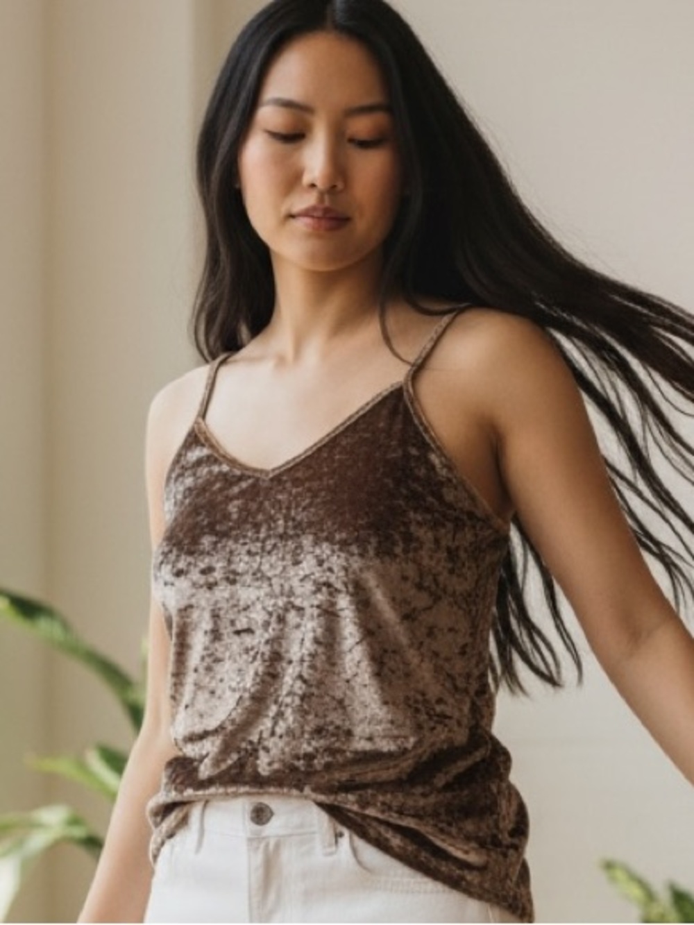 Pinkish Brown Double V Neck Crushed Velvet Cami Top- Size M